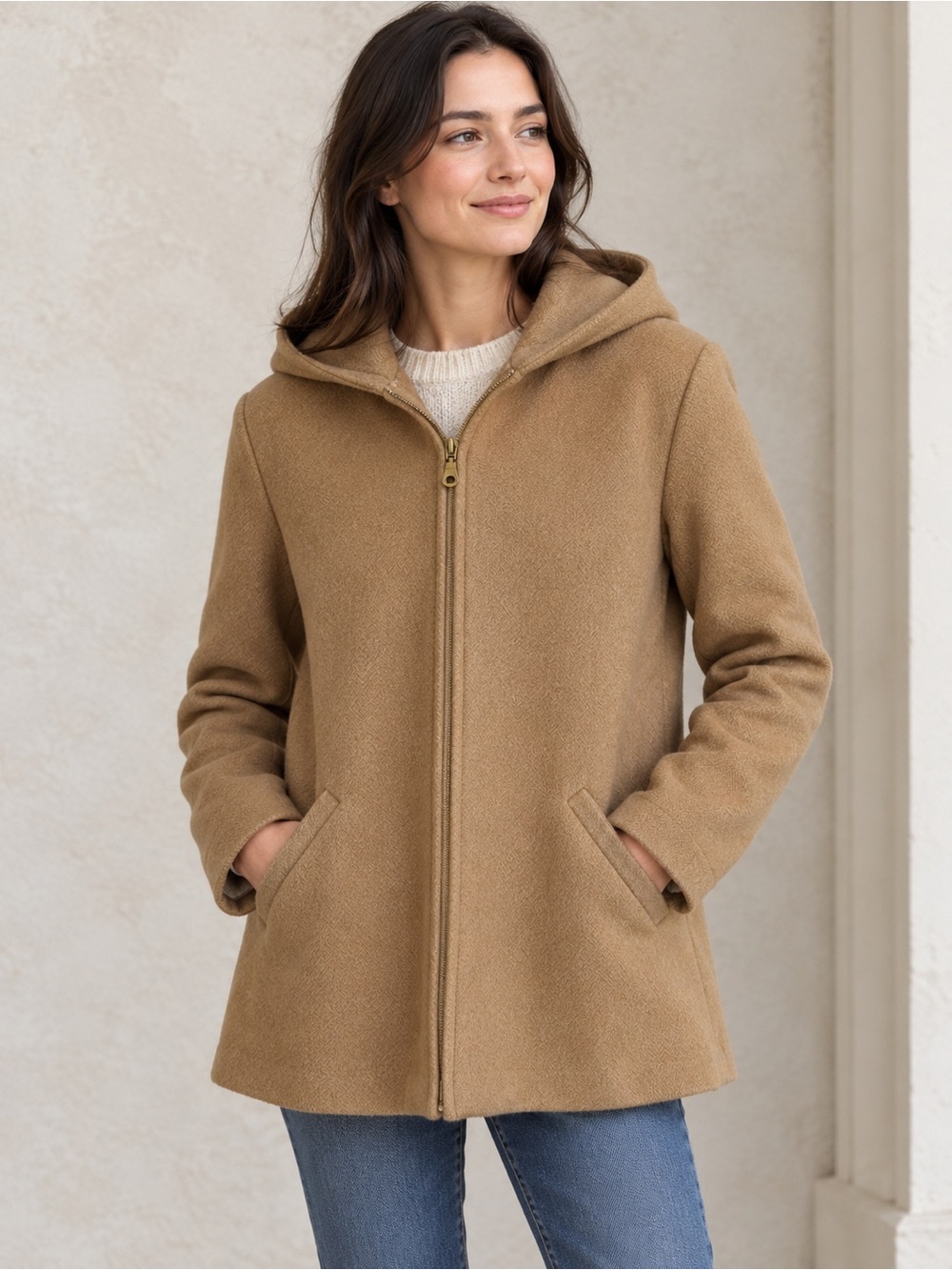 VTG 90s Tan Wool Hooded Coat Large Zipper Minimalist Classic Pockets Preppy Chic